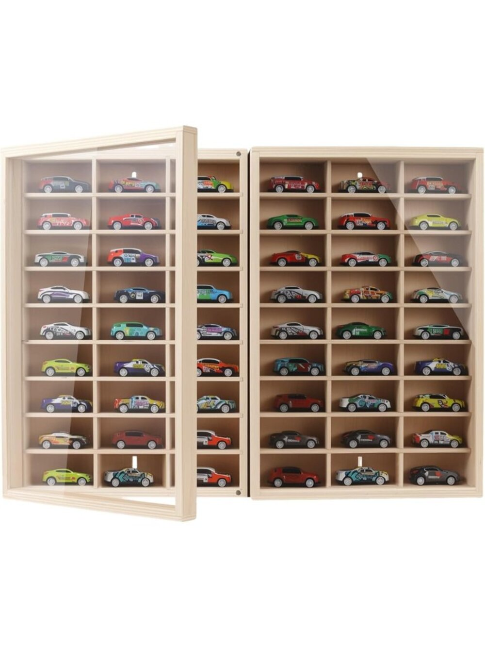 54-Space Wooden Wall Mount Display Case for 1/64 Hot Wheels Toy Cars - Dustproof